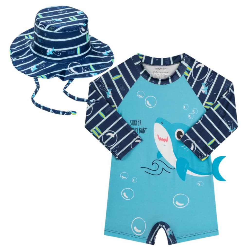 Roupa Proteção Solar Macacão Bebê Menino Praia Piscina + Chapéu com Proteção UV