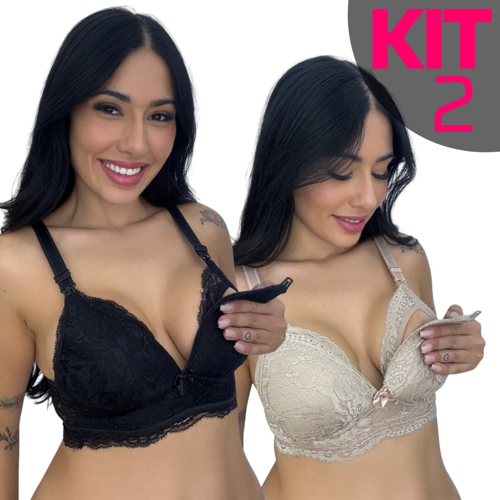 KIT 2 Sutiã Amamentação Com Bojo Soft Molinho Não Amassa Reforçado Fecho Largo Renda Gestante Pós Parto Amamentar