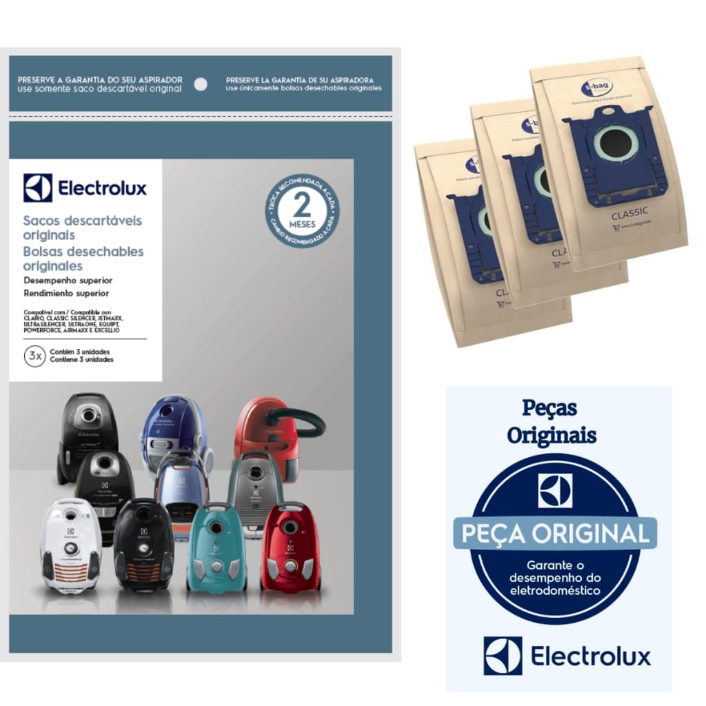 Kit 3 Sacos Descartáveis Aspirador de Pó Electrolux Equipt Ultrasilenc