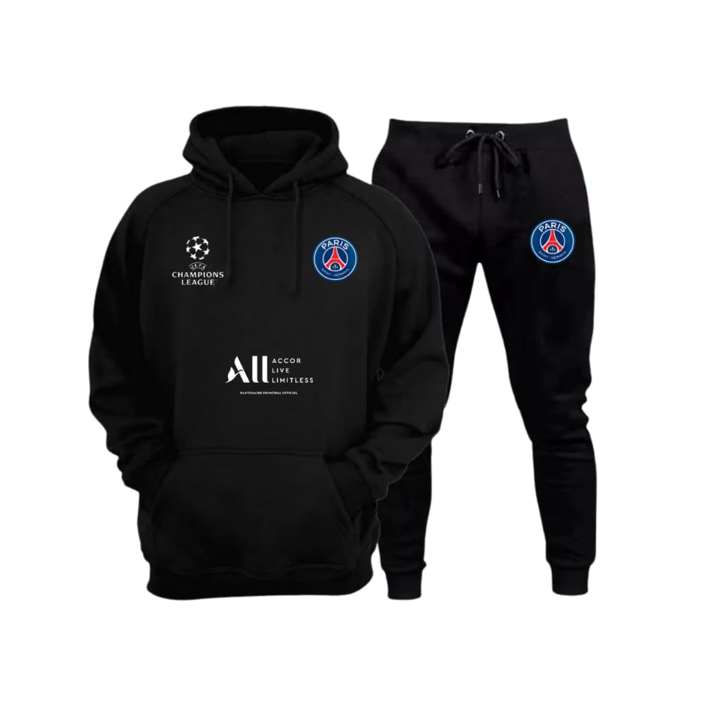 Conjunto Moletom Preto ou Blusa de Frio Canguru Capuz e Bolso Estampado Paris Masculino Feminino Unissex Algodão Casaco