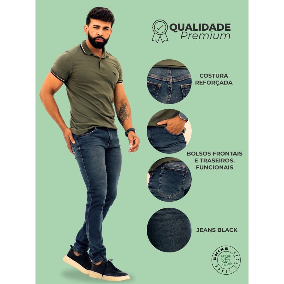 Calça Jeans Masculina Azul Escuro Slim  Moderna Premium e Confortável com Elastano
