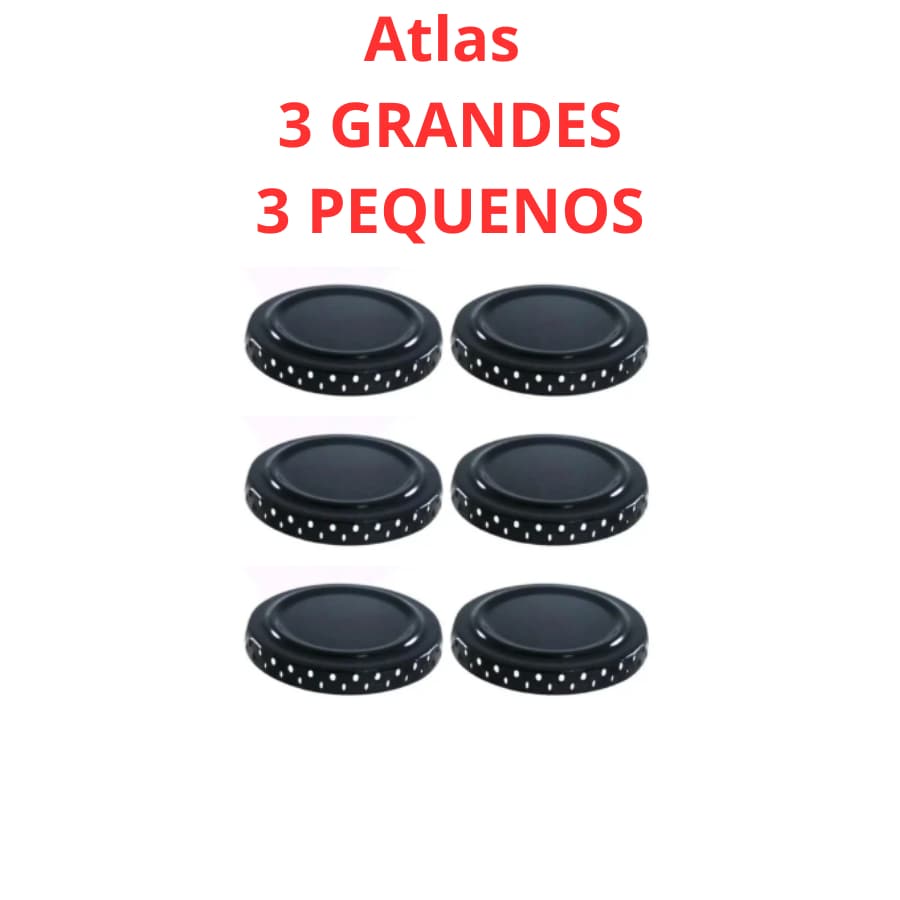 6 Tampas espalhador Boca de Fogão Atlas Mônaco tampinha, espalhador, Preto chama, peça Fogão 3g 3peq