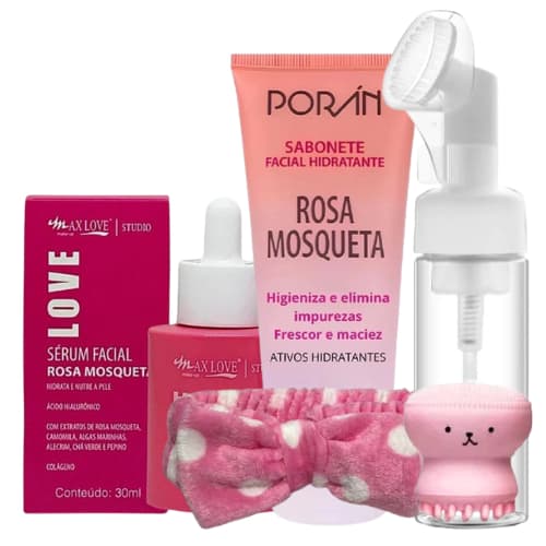 Kit Rosa Mosqueta Skin Care Limpeza Facial Sabonete + Serum + Frasco Pump Completo com Faixa e Polvo