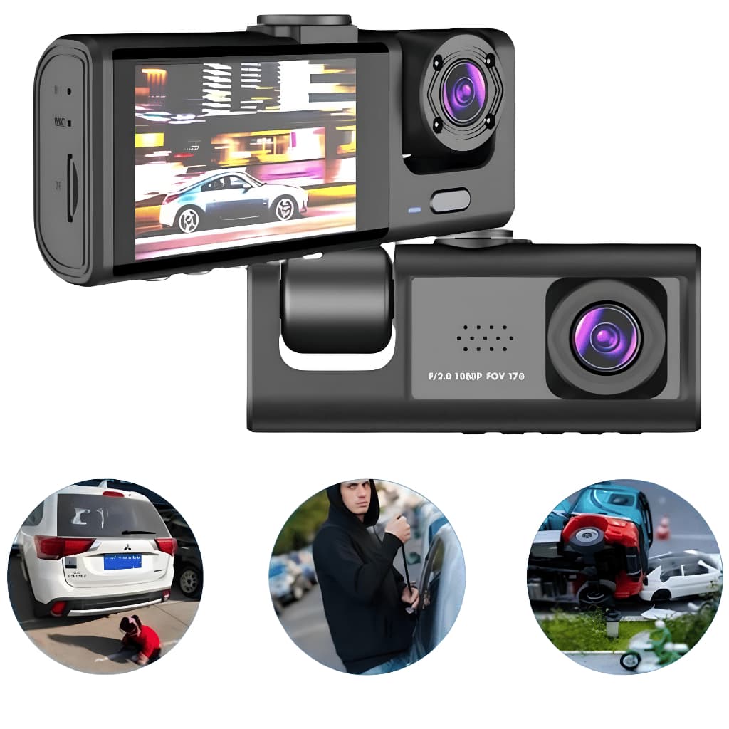 DVR Automotivo Black Box Full HD 1080P com Câmera Interna e Ré, Visão Noturna e Wi-Fi para Segurança Total