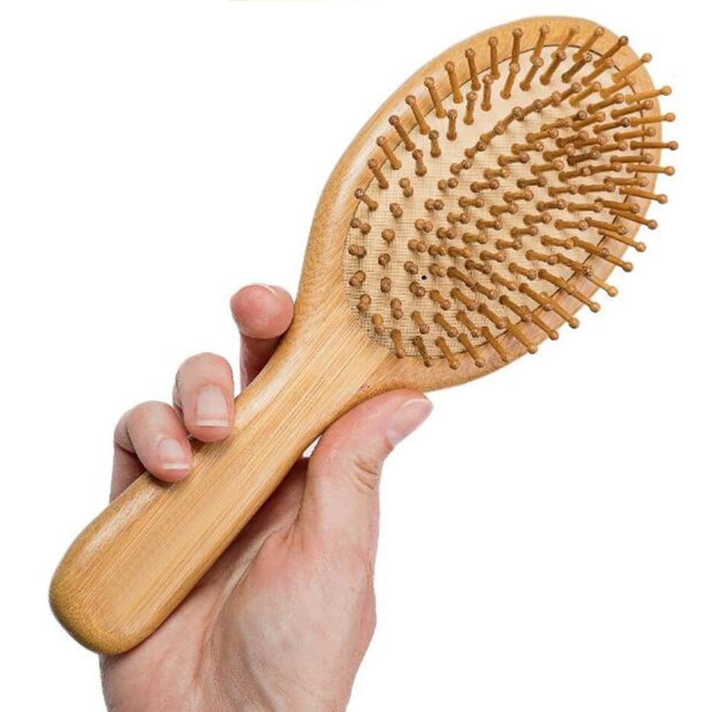 Escova Madeira Redonda Bamboo Raquete Pentear Desembarçar Anti Frizz