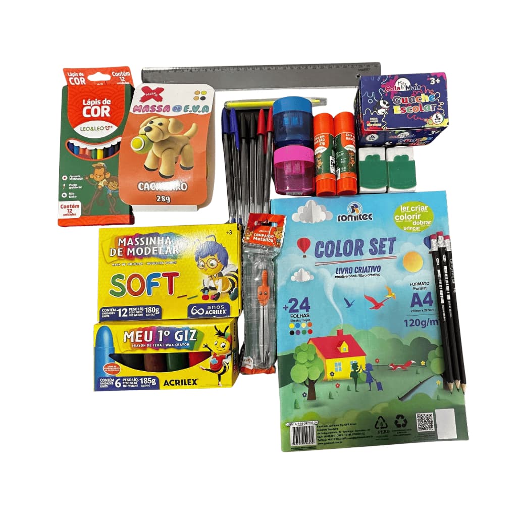 Kit Escolar Pedagógico Completo: Livro Criativo A4, Lápis de Cor, Massinha, Cola, Régua, Compasso +