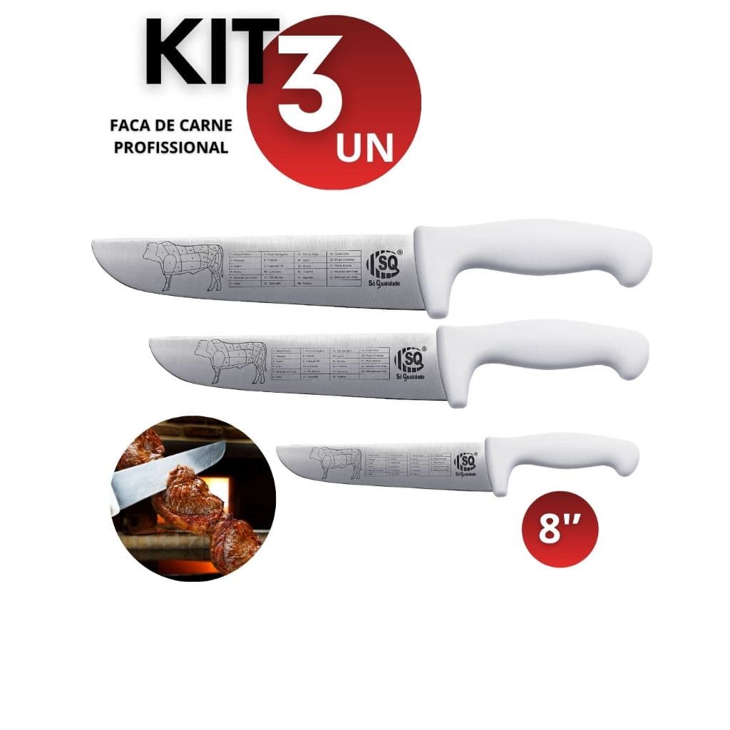 Kit com 1/2/3 Facas Profissional 8 Polegadas Cabo Branco Aço Inox Açougueiro Churrascaria Legumes  Frutas Cozinha Chef