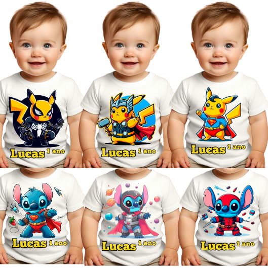 Camiseta Infantil Fofo Diversos Personagens Personalizados Festa Super Herois