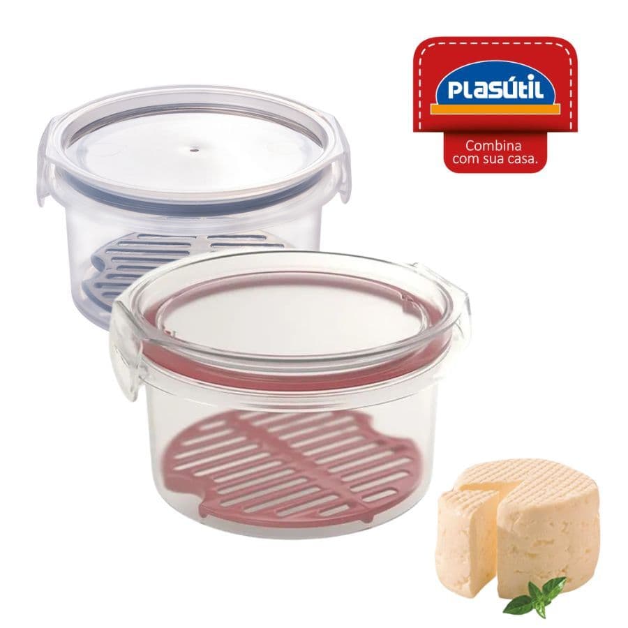 Pote de Plástico Hermético Queijeira Trava Mais 550ml Com Escorredor Cores Plasutil