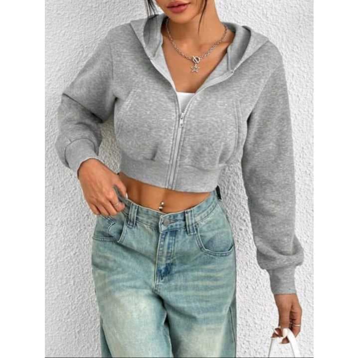 Blusa Cropped MOLETOM Com Capuz, COM BOLSO e Ziper TAM P/M Cinza