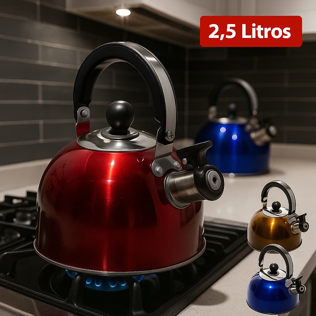 Chaleira Inox 2,5L com Tampa Alça Térmica e Apito para Café Chá Bebidas Ferve Super Rápido - Sortida