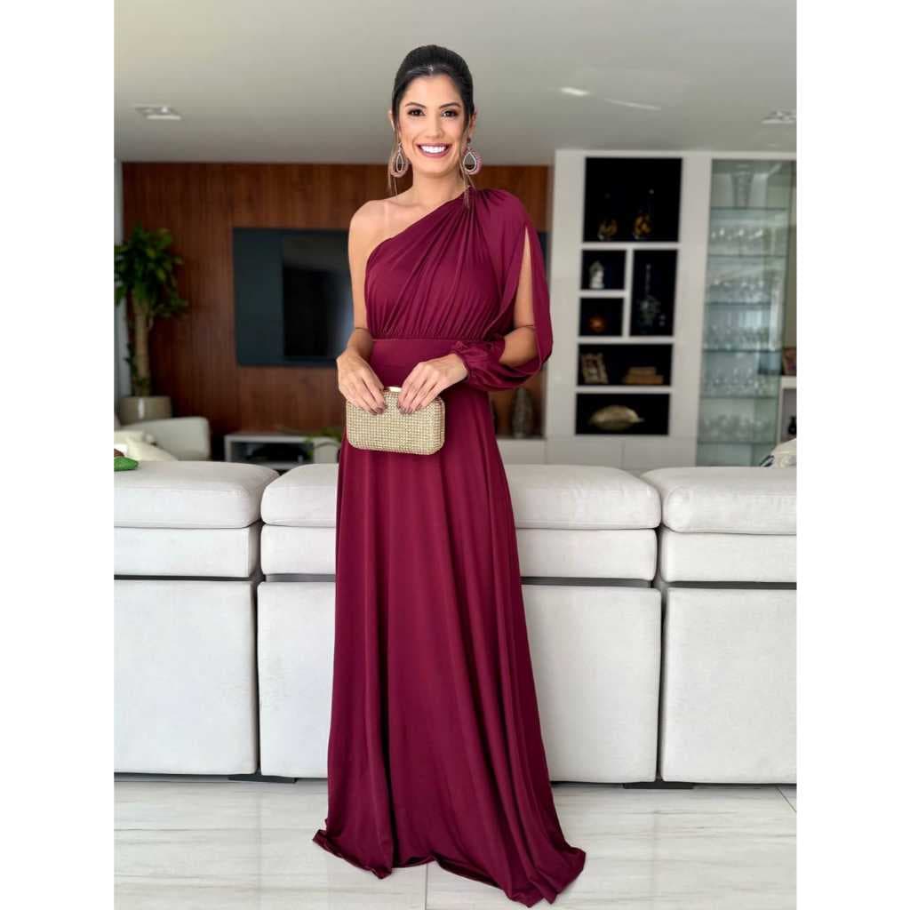 Vestido Longo Social Festa Madrinha Casamento Formatura Mula Manca Uma Manga Só Longa Vazada