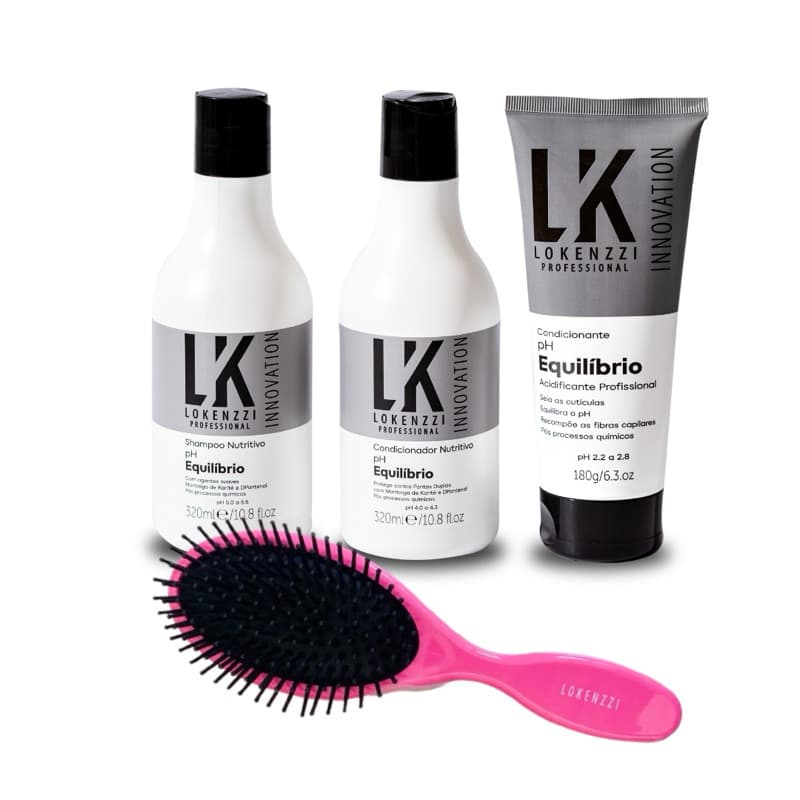 Kit pH Equilíbrio Shampoo Condicionador Acidificante Lokenzzi 3 Produtos + Escova