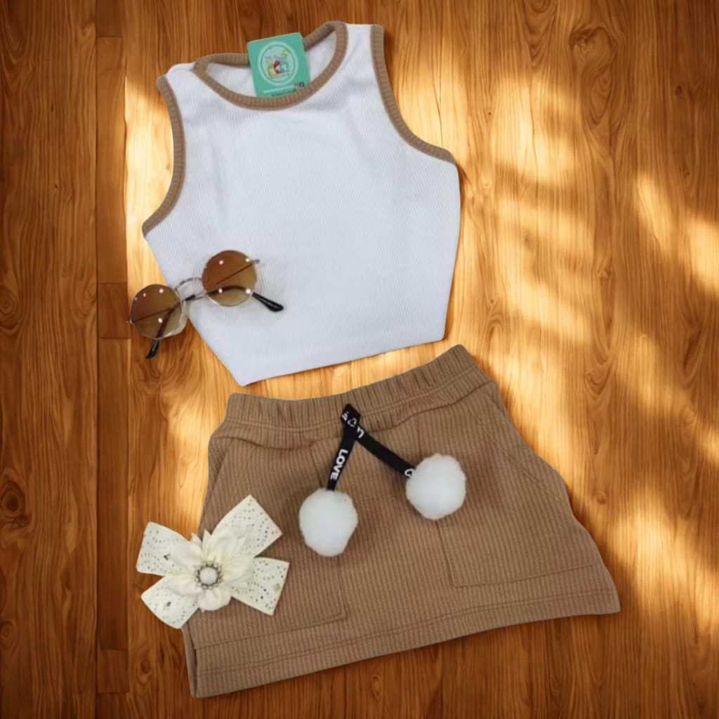 Conjunto Infantil Feminino Regata Ribana e Short Saia Anarruga Confortável e Estiloso