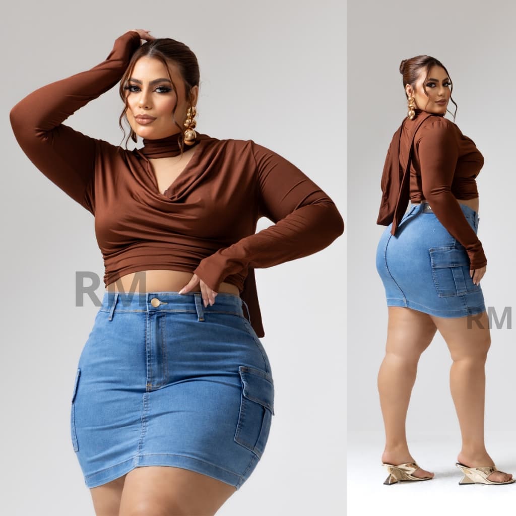 SAIAS JEANS CARGO FEMININA PLUS SIZE C/ LYCRA CINTURA ALTA