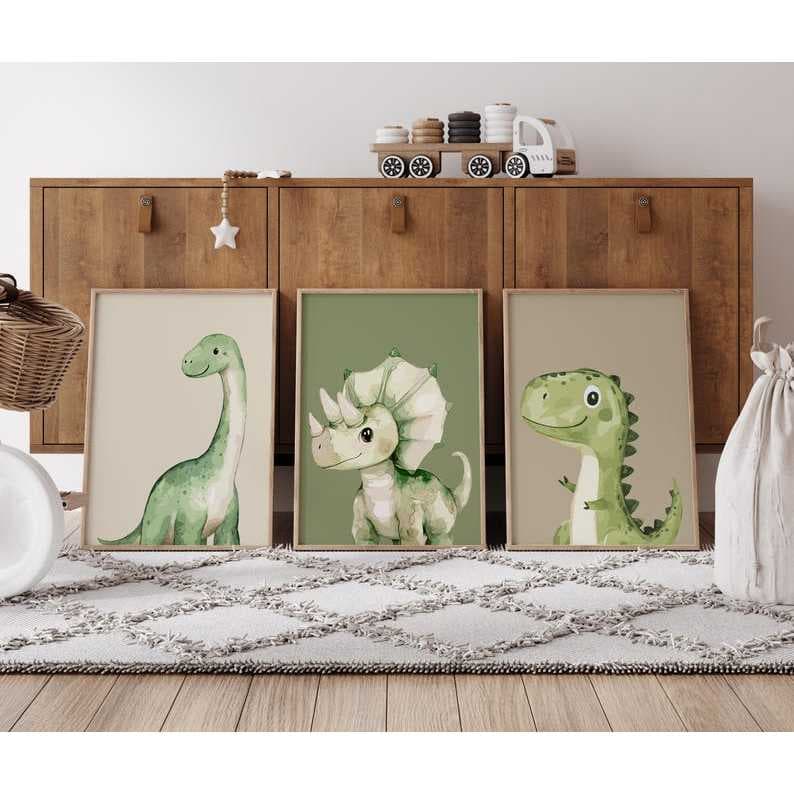 Kit 3 Quadros Decorativos Dinossauros Verde Infantil com Moldura Quarto Menino