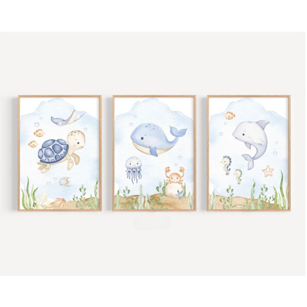 Kit 3 Quadros Decorativos Fundo do Mar Peixe Tartaruga Baleia Infantil com Moldura Quarto Bebê