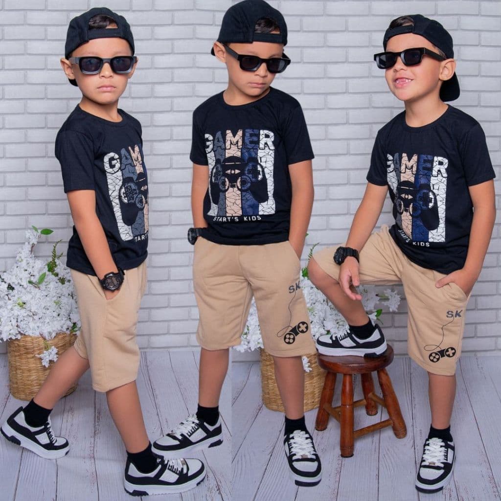 Conjunto Infantil Masculino Estiloso Lançamento Verão  Camisa Bermuda Roupa menino 2 ao 14 anos