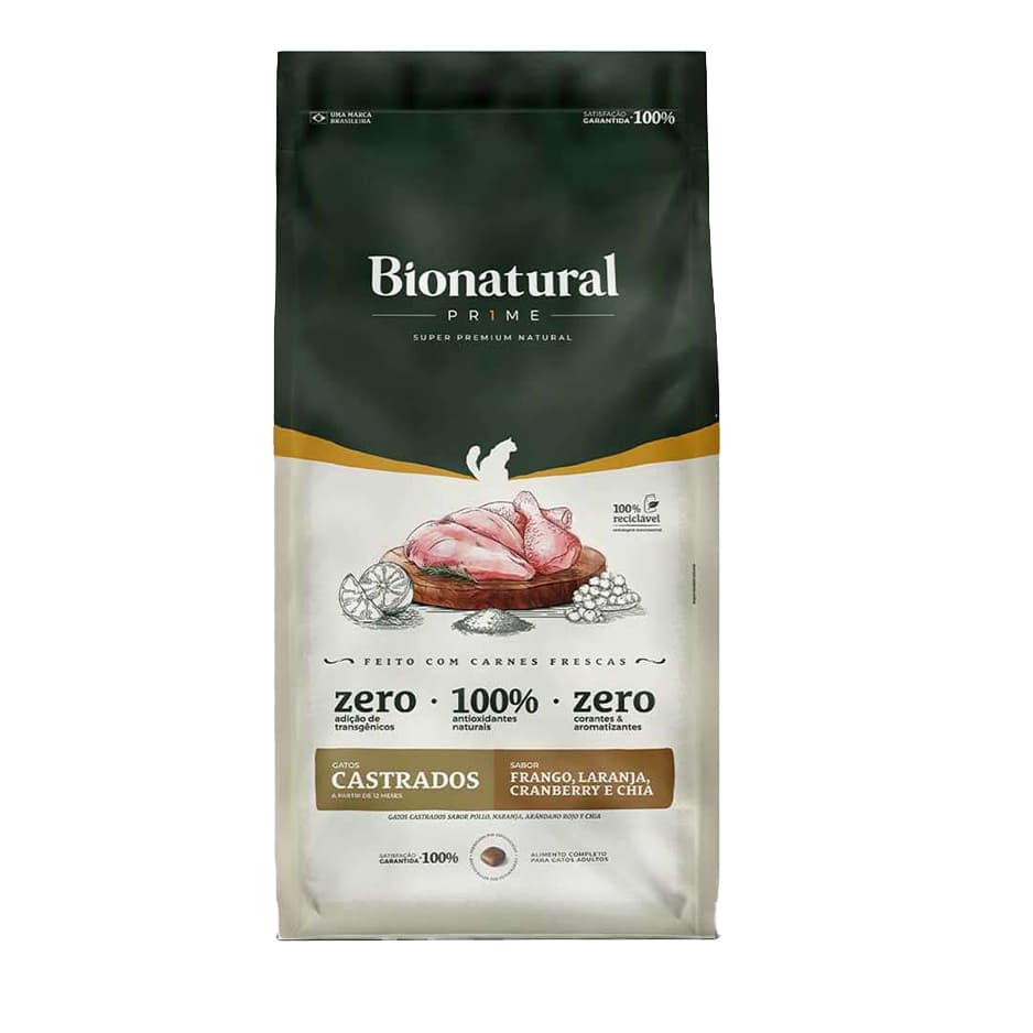 Ração Bionatural Prime para Gatos Castrados sabor Frango 7,5 KG Vencimento próximo