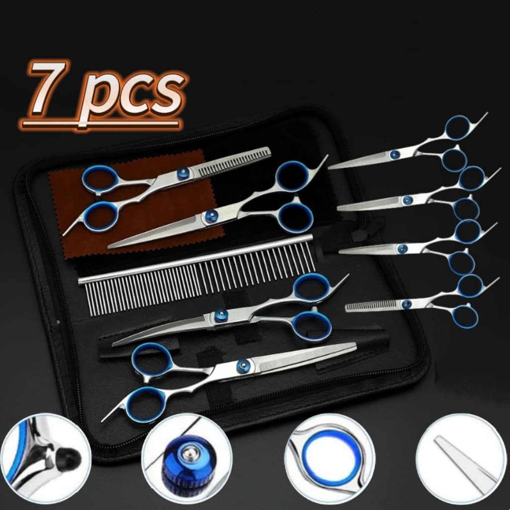 Kit 7 Tesouras Profissionais Fio Navalha Desfiadeira