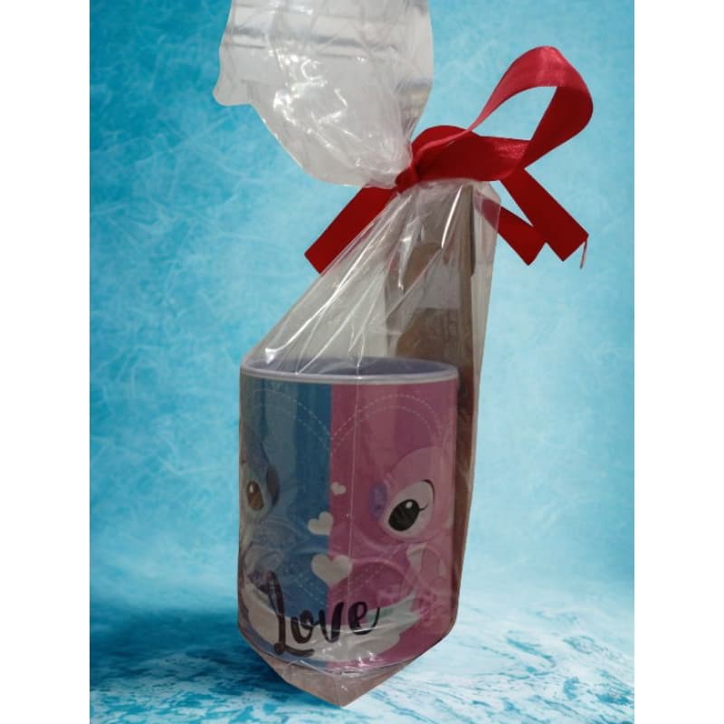 kit caneca porcelana + chaveiro espelho Stitch e Angel