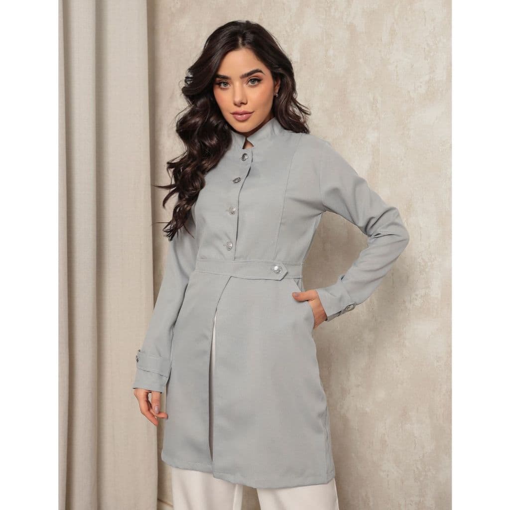 Jaleco Feminino em Oxford com botão prata Julie Cinza Gardenia Jalecos