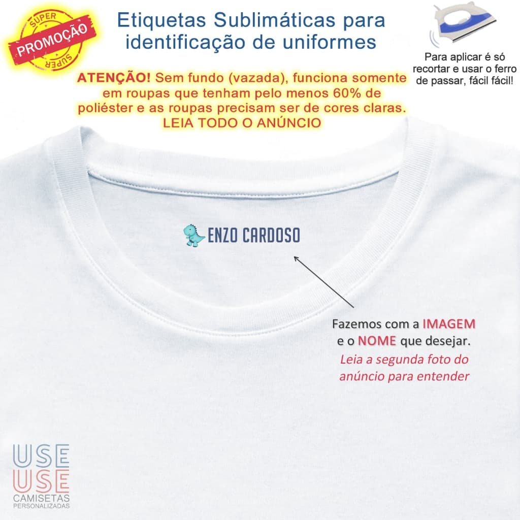 KIT com 100 Etiquetas Sublimáticas de 4,7 x 1,1 CM para IDENTIFICAÇÃO de uniforme com poliester estampar o nome