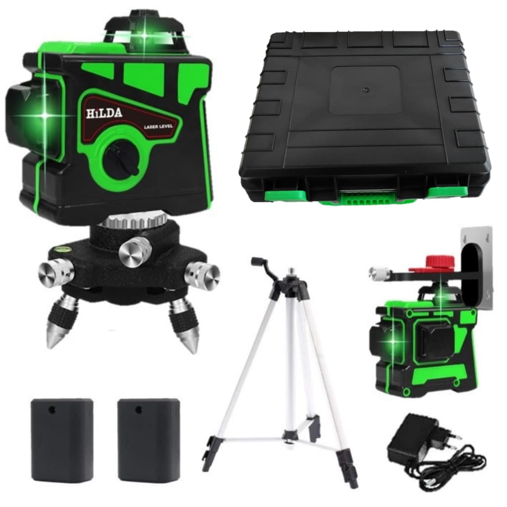 Nível Laser 12 Linhas verde 3D 360 Hilda 2 Baterias + Maleta + Tripé Alumínio 1,5m