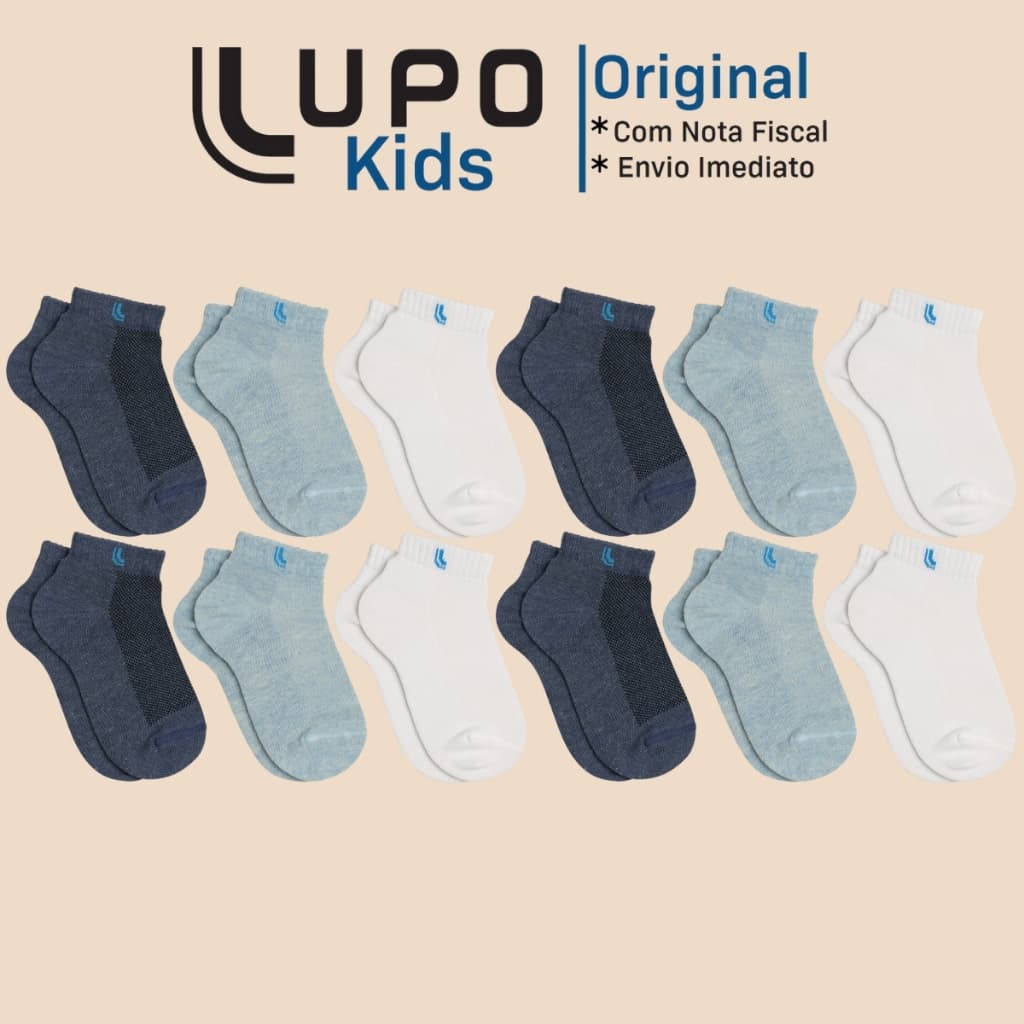 Kit De 12 Pares Meias Lupo Kids Infantil Cano Curto Algodão Tamanho 24 ao 35