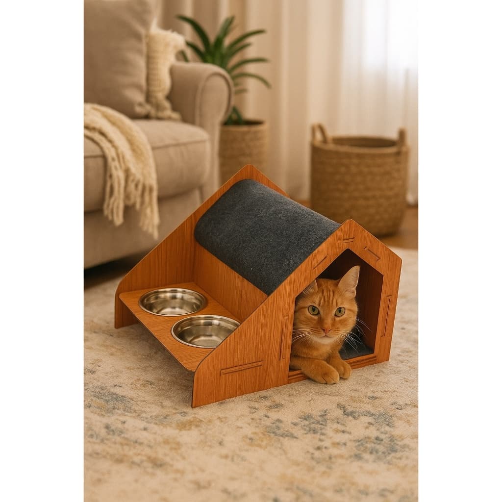 Casinha Toca Arranhador Para Gato Pet Gatos Com Comedouro 2 Tigelas inox