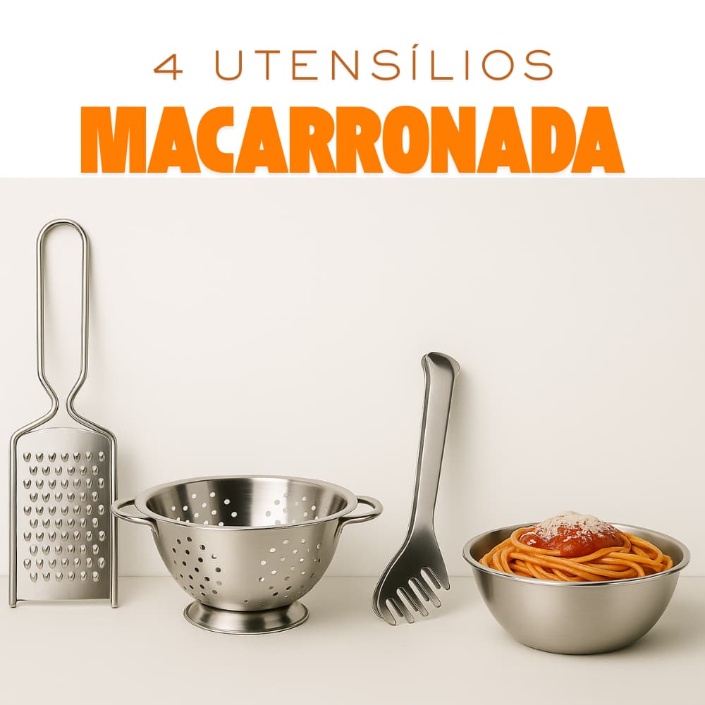 Kit Utensílios de Cozinha Inox: Bowl, Escorredor de Macarrão, Ralador e Pegador.