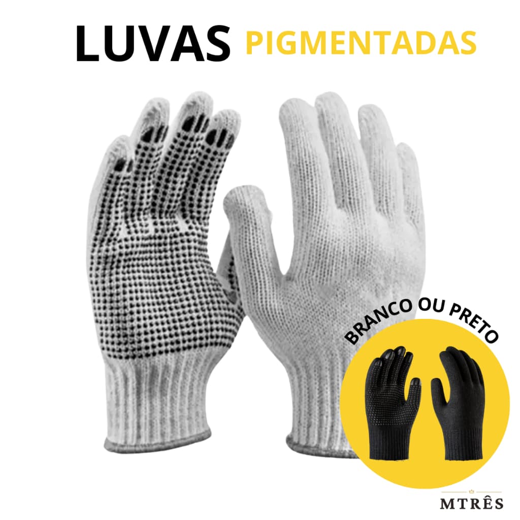 Luva Pigmentada de Malha Tricotada de Algodão Branca ou Preta Obras Construção Mecânica Jardinagem