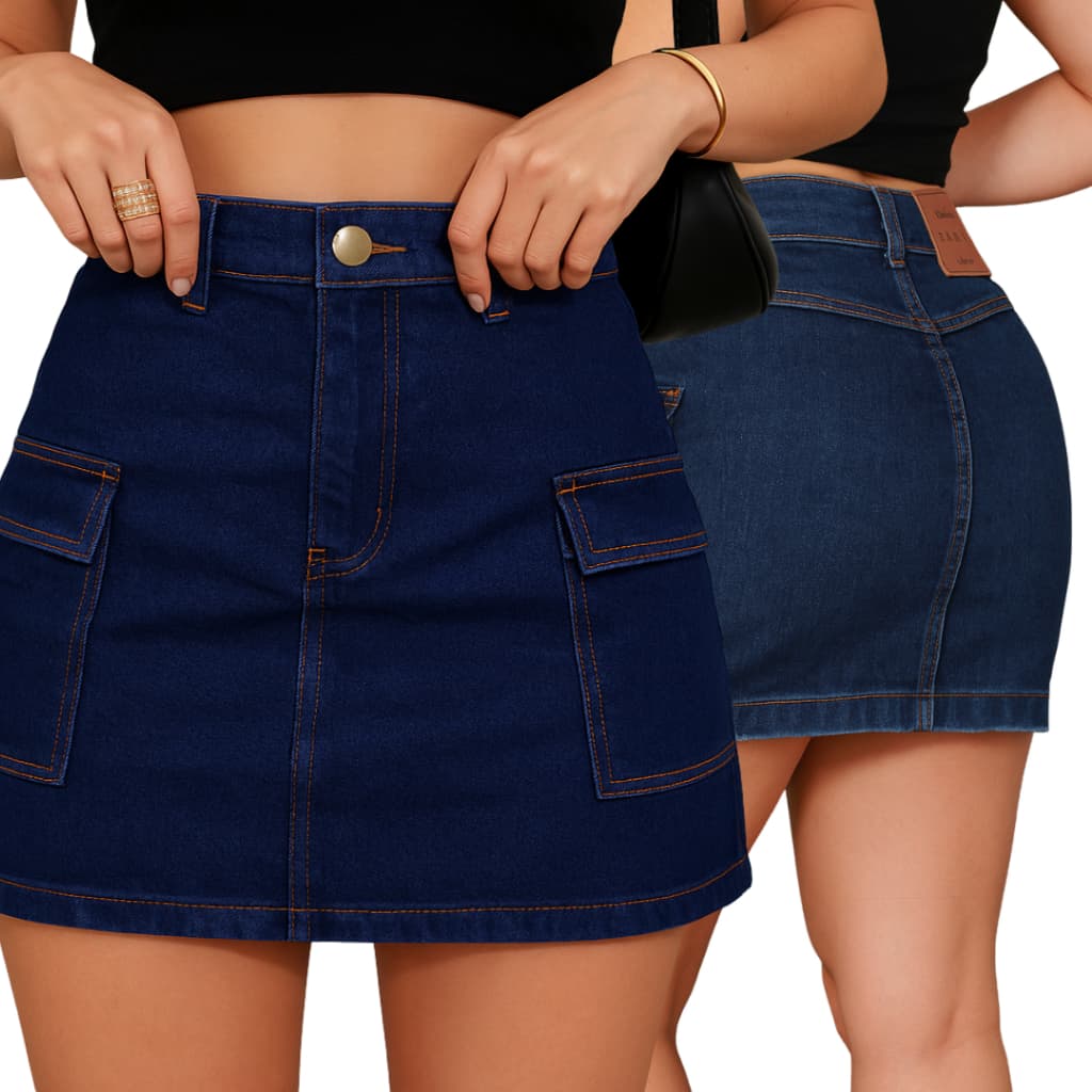 Saia Cargo Jeans Feminina Juvenil Azul Escuro Lisa com Bolsos Tamanhos 32 a 36