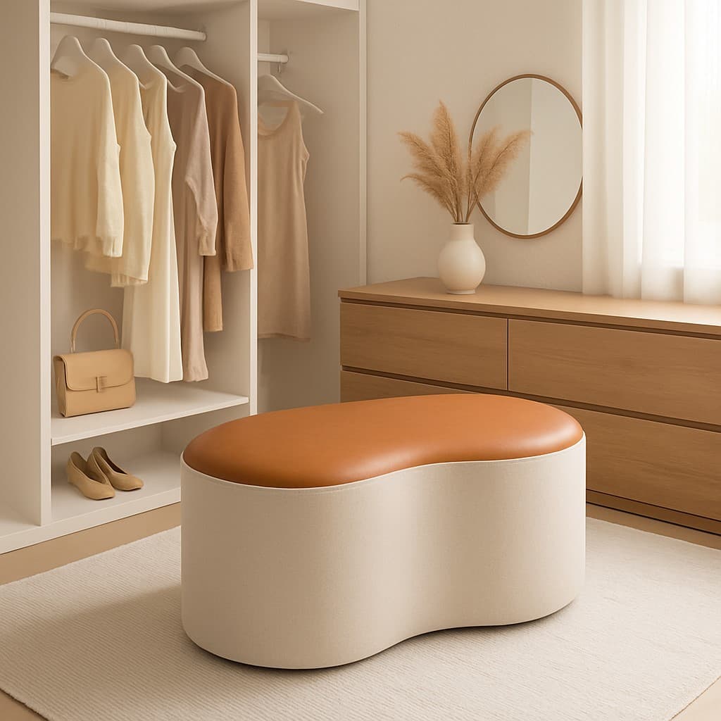 Puff Estofado Decorativo Orgânico Assento Sintético Caramelo Qualidade Premium Design Moderno Bege