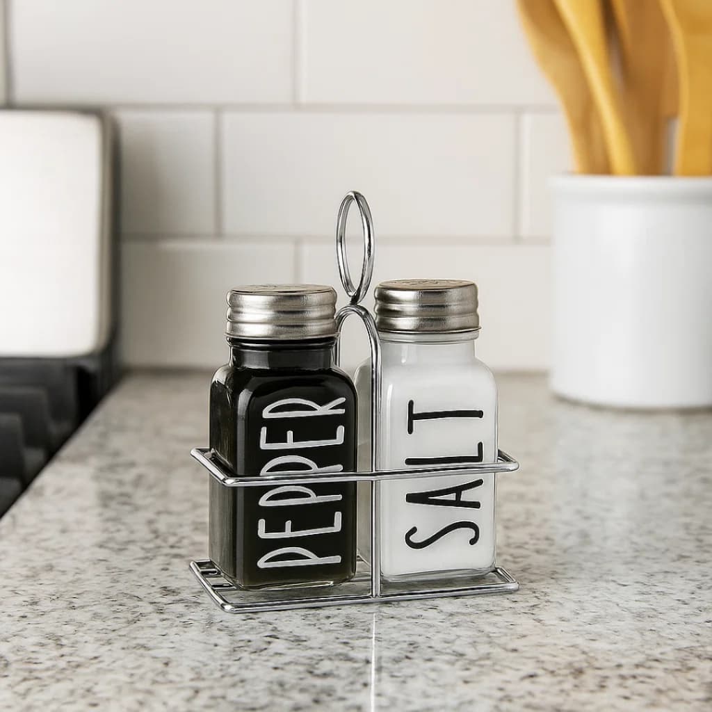 Kit Porta Condimento Saleiro e Pimenteiro em Vidro com Suporte Inox Salt e Pepper