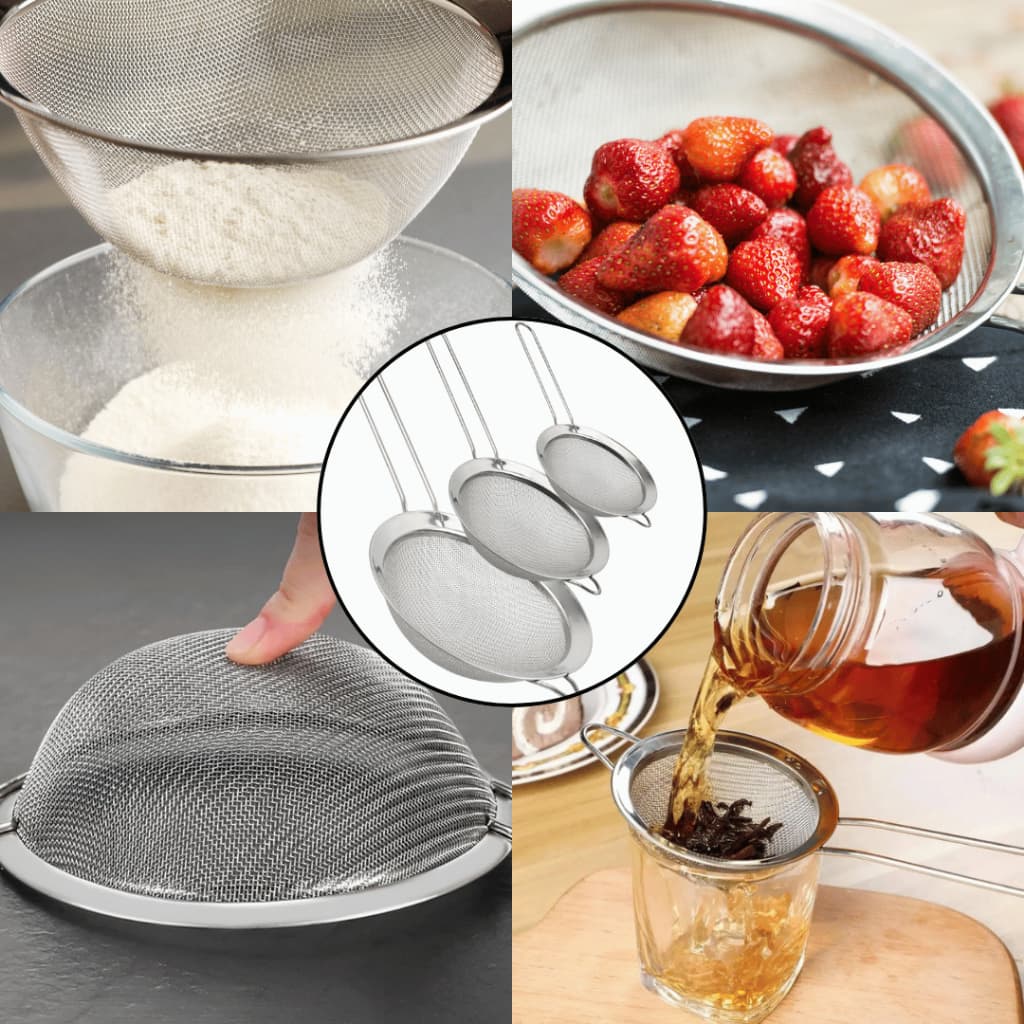 Kit Peneiras de Aço Inox 3 Peças Redonda N°8,10 e 12 cm Utensilio para Coar, Peneirar