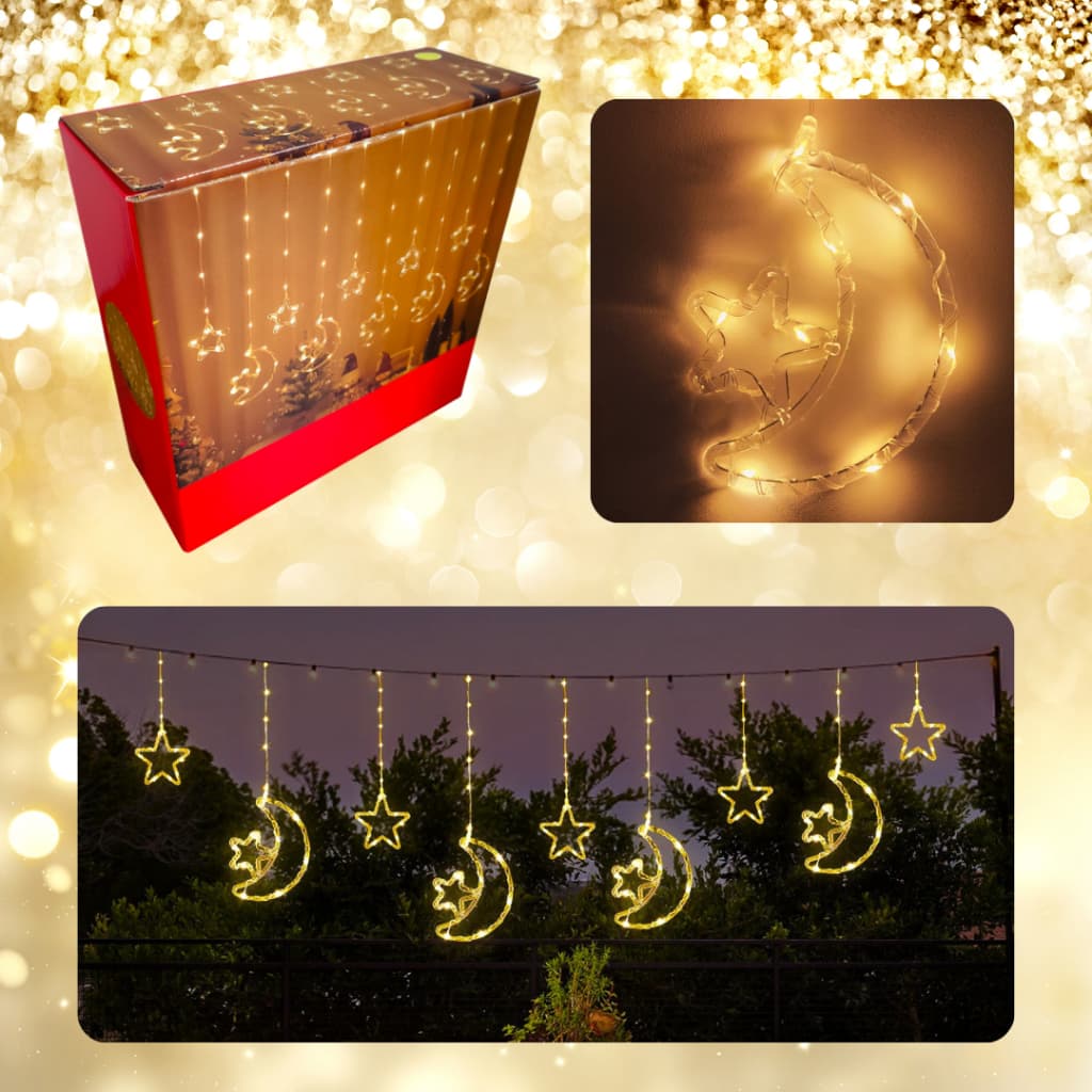Cascata cortina de natal com led pisca pisca decoração lua estrela 100 leds