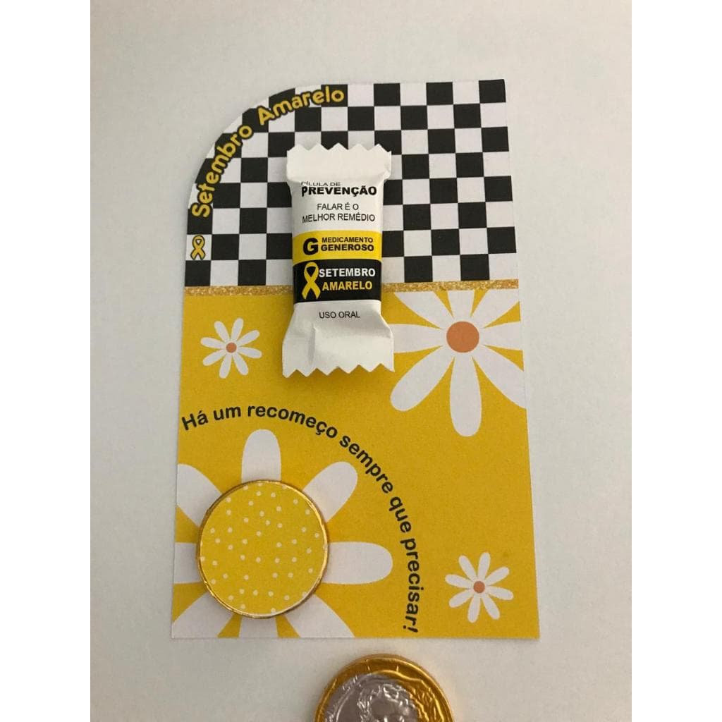 Cartão com balinha e moeda de chocolate - Setembro Amarelo