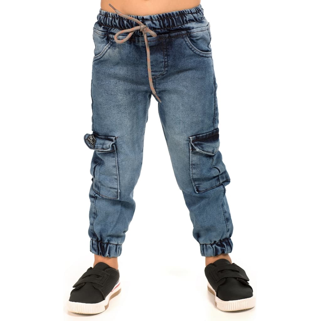 Calça Jeans Masculina Kids Infantil Cargo Jogger de Menino