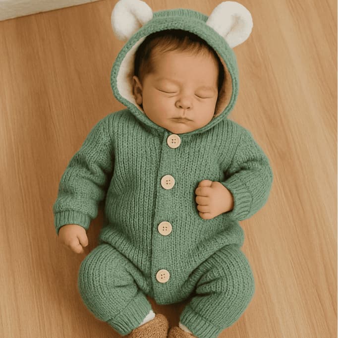 Macacão Bebê Ursinho Ted com Touca Felpuda e Orelinha Menina e Menino