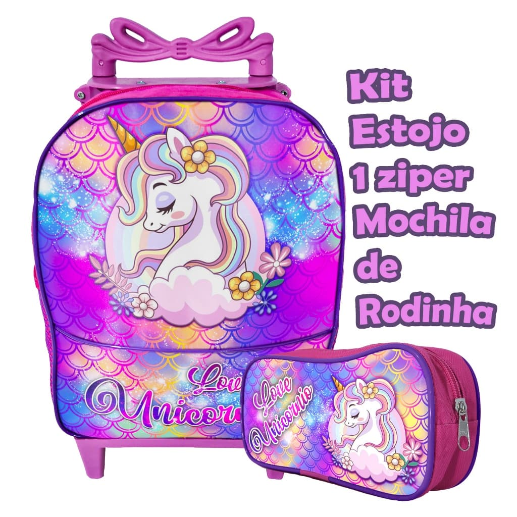Mochila Infantil Escolar Estampa Love Unicórnio Pink – Mochila de Rodinha  Estojo Simples 1 Ziper Menina até 5 Anos