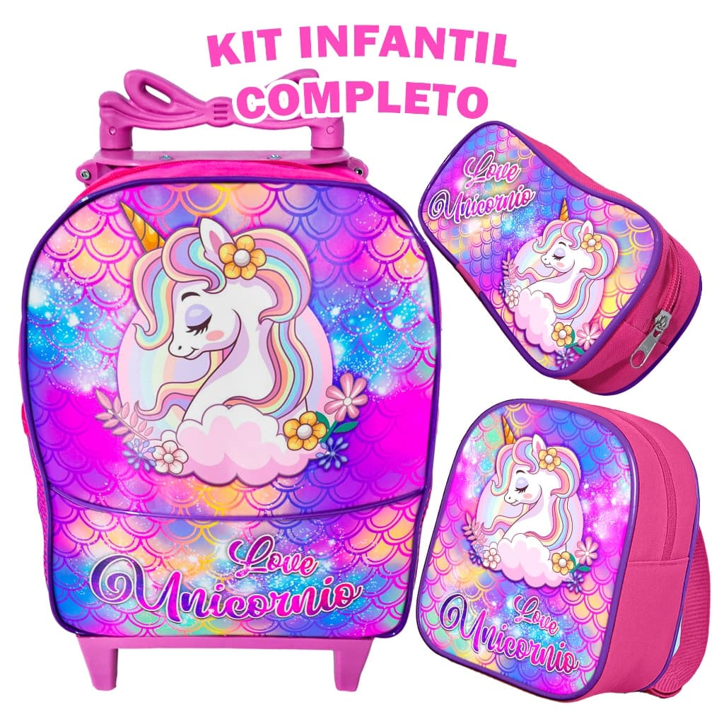 Kit Escolar Love Unicornio Rosa Menina – Mochila de Rodinha Pequena  Lancheira Térmica  Estojo 1 Simples
