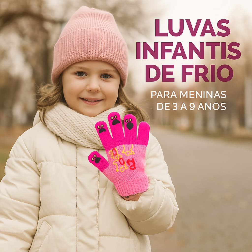 Luva Infantil Térmica Inverno Antivento Forro Fleece Quente - Tricot Macio para Menino e Menina 3 a 9 Anos