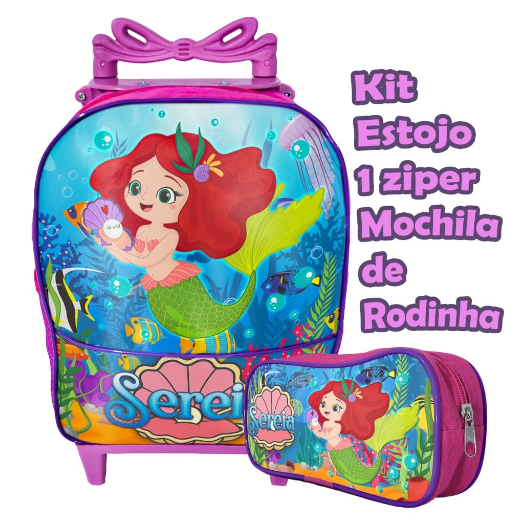 Rodinha Rosa Escolar Infantil Mochila de  Tema Sereia – Estojo Simples 1 Ziper Volta às Aulas