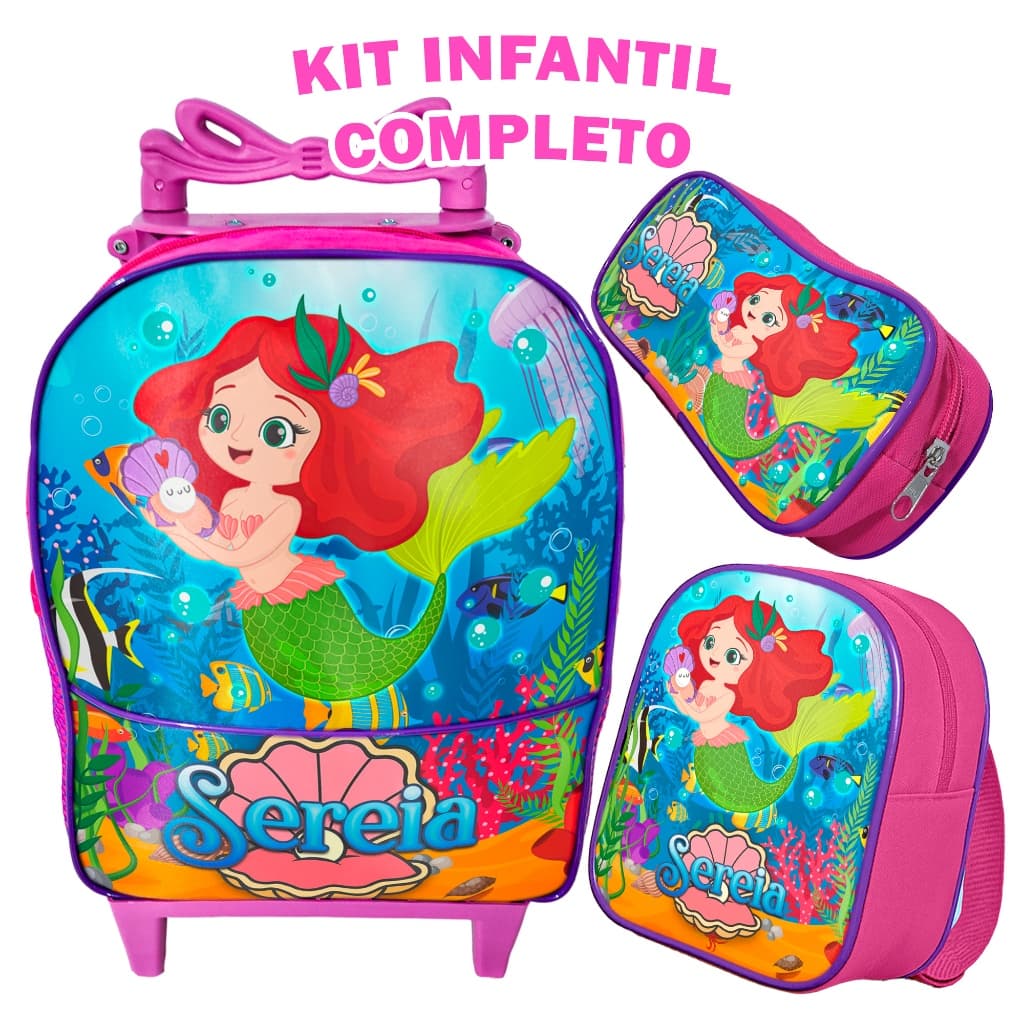 Kit Mochila de Carrinho Infantil  Rosa Estojo e Lancheira Térmica – Tema Estampa Sereia Menina Resistente