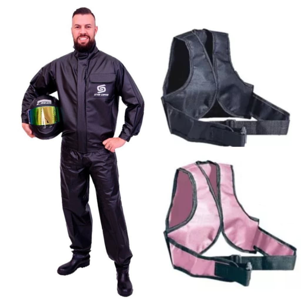 Kit Capa Roupa Pvc Chuva Motoqueiro Moto Impermeável + Colete Infantil Criança Garupa Antiqueda