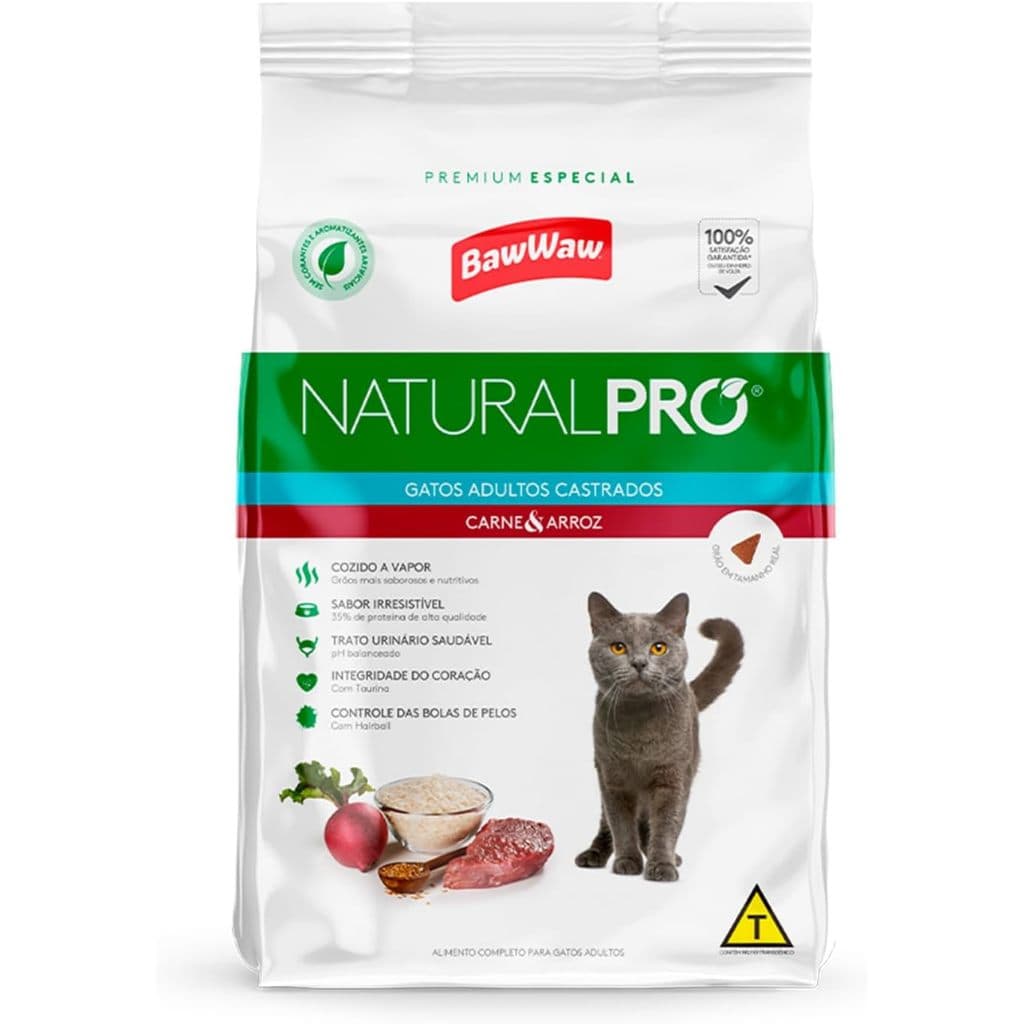Baw Waw ração para gatos castrados natural pro premium sabor carne e arroz 1kg - 2,5kg