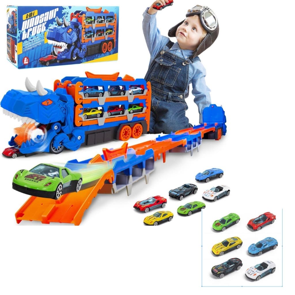 Caminhão Dinossauro com Kit 6 Carrinhos Engolidor de Carrinhos - YM5500 Azul ou Verde EGOL