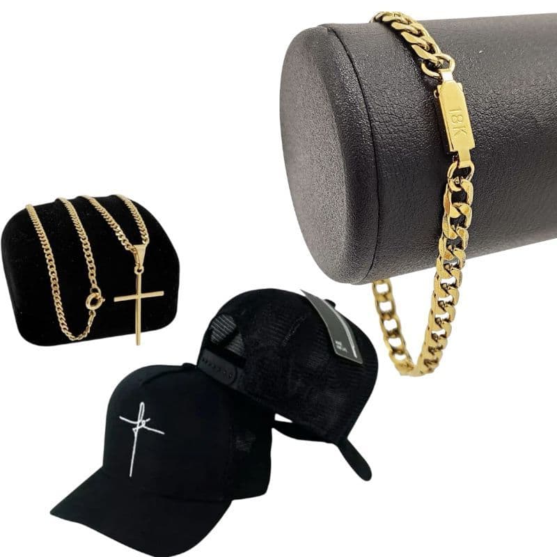 Kit Masculino Corrente Cruz dourada + Pulseira18k + Boné fé Promoção