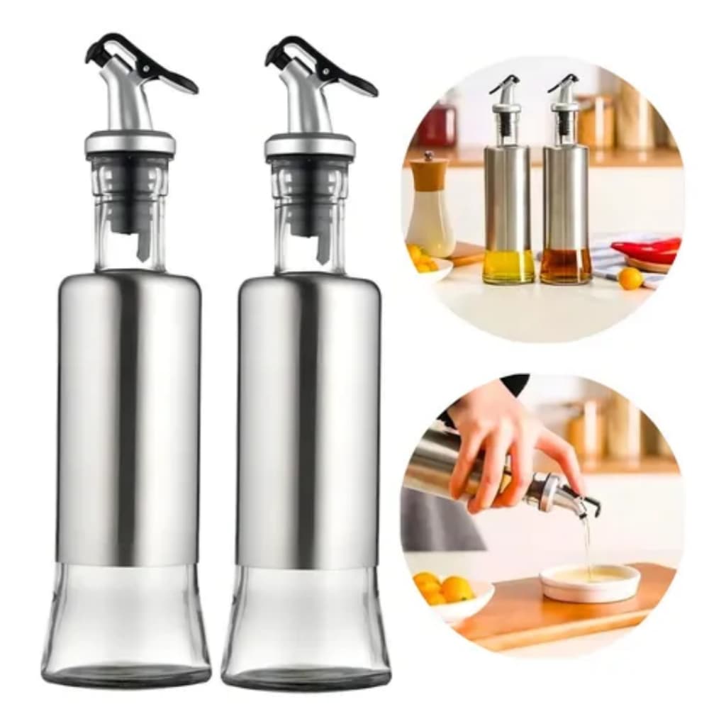 Kit 2 Galheteiro Porta Azeite Vinagre Óleo com Bico Dosador Recipiente de Vidro Aço Inox 300ml